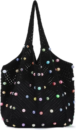 Fecialy Boho Crochet Beach Tote Bag with Colored Beads Summer Knit Shoulder Bag Woven Casual Organizer Handbag