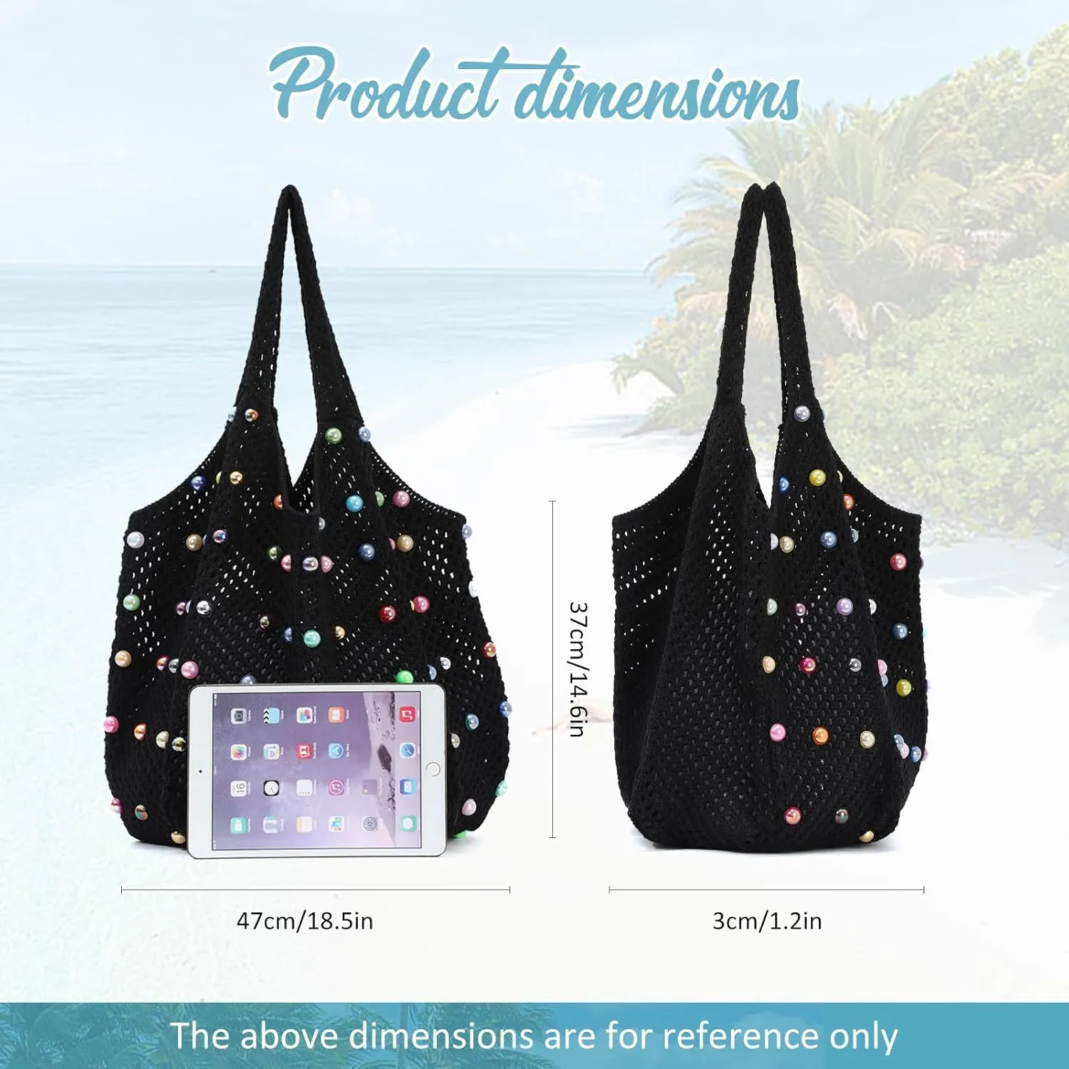 Fecialy Boho Crochet Beach Tote Bag with Colored Beads Summer Knit Shoulder Bag Woven Casual Organizer Handbag