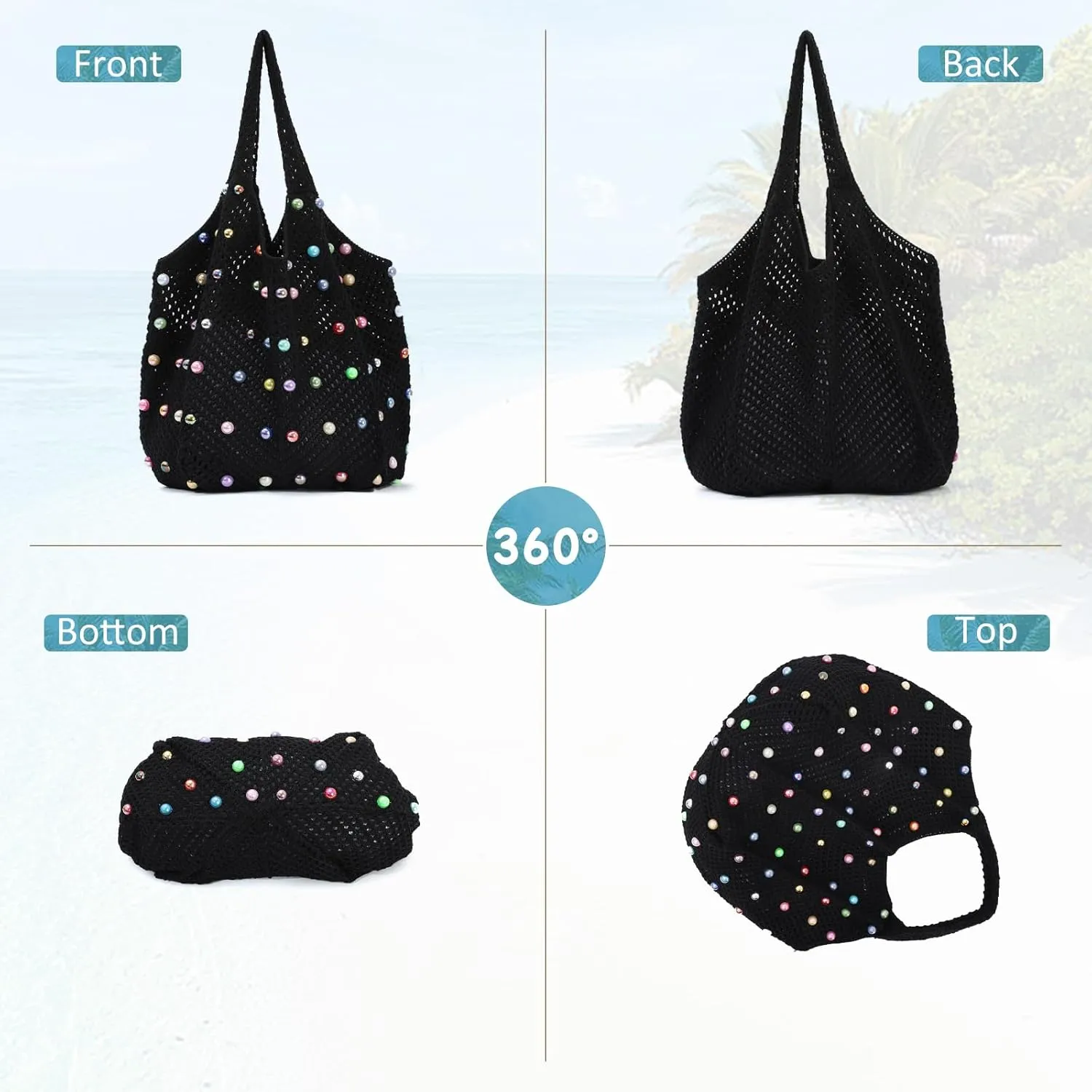 Fecialy Boho Crochet Beach Tote Bag with Colored Beads Summer Knit Shoulder Bag Woven Casual Organizer Handbag