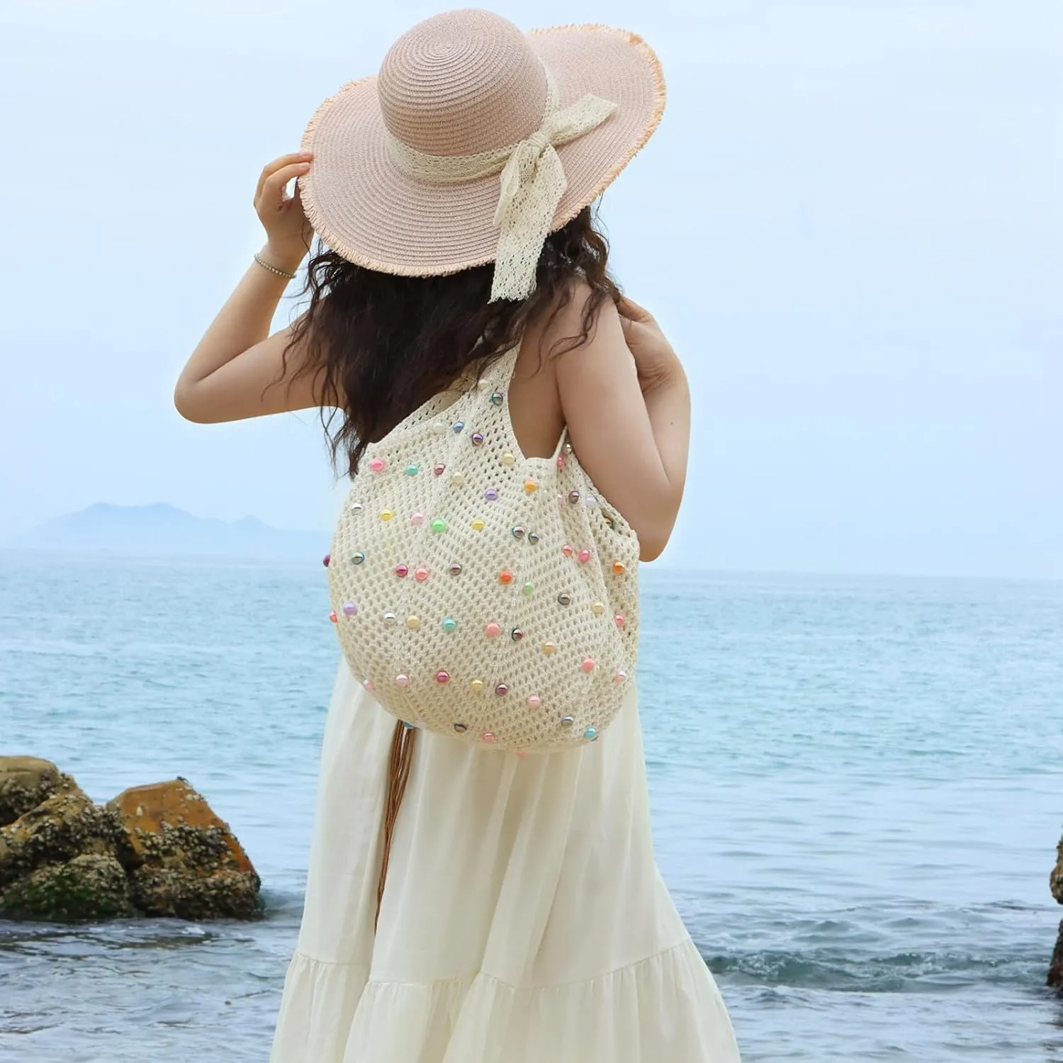 Fecialy Boho Crochet Beach Tote Bag with Colored Beads Summer Knit Shoulder Bag Woven Casual Organizer Handbag