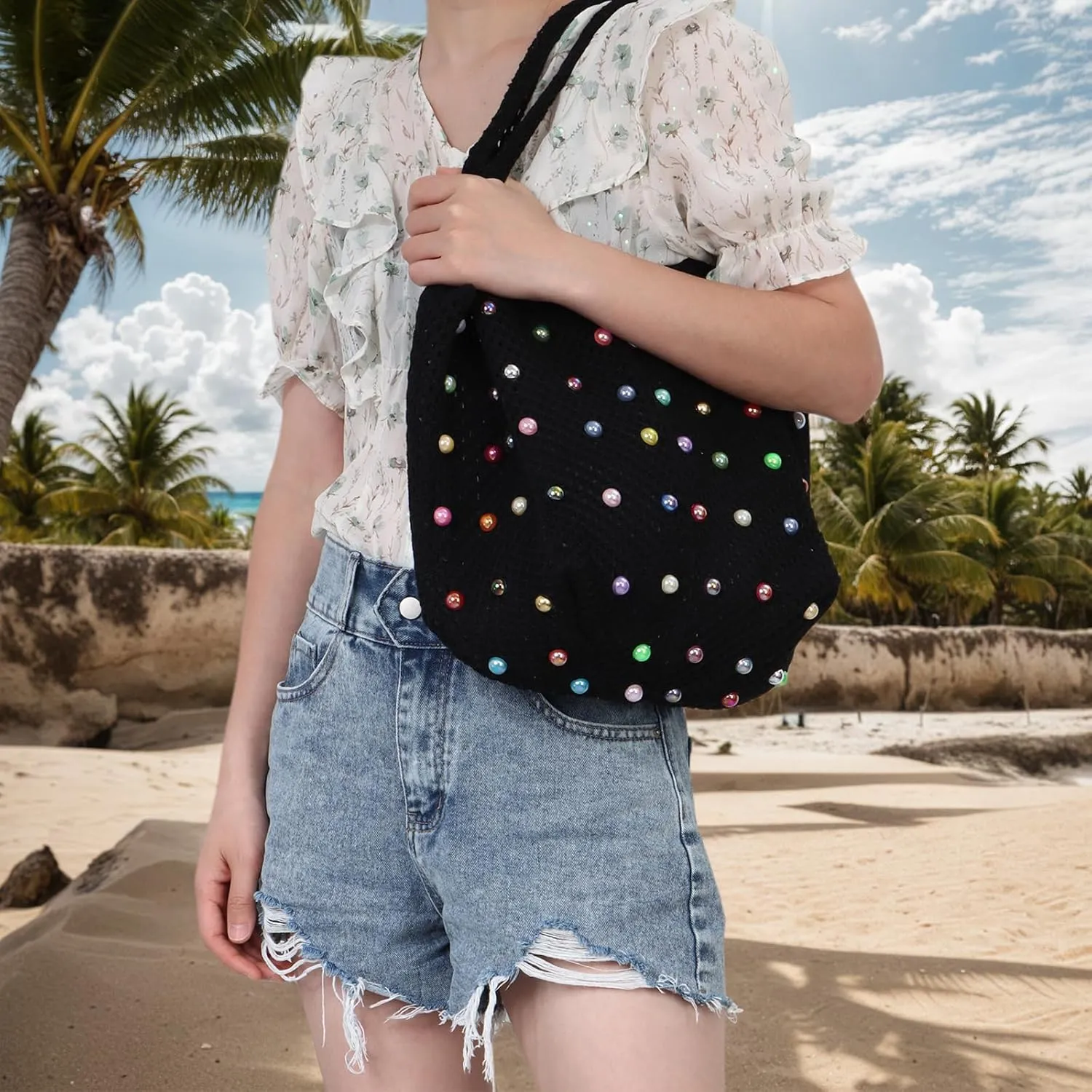 Fecialy Boho Crochet Beach Tote Bag with Colored Beads Summer Knit Shoulder Bag Woven Casual Organizer Handbag