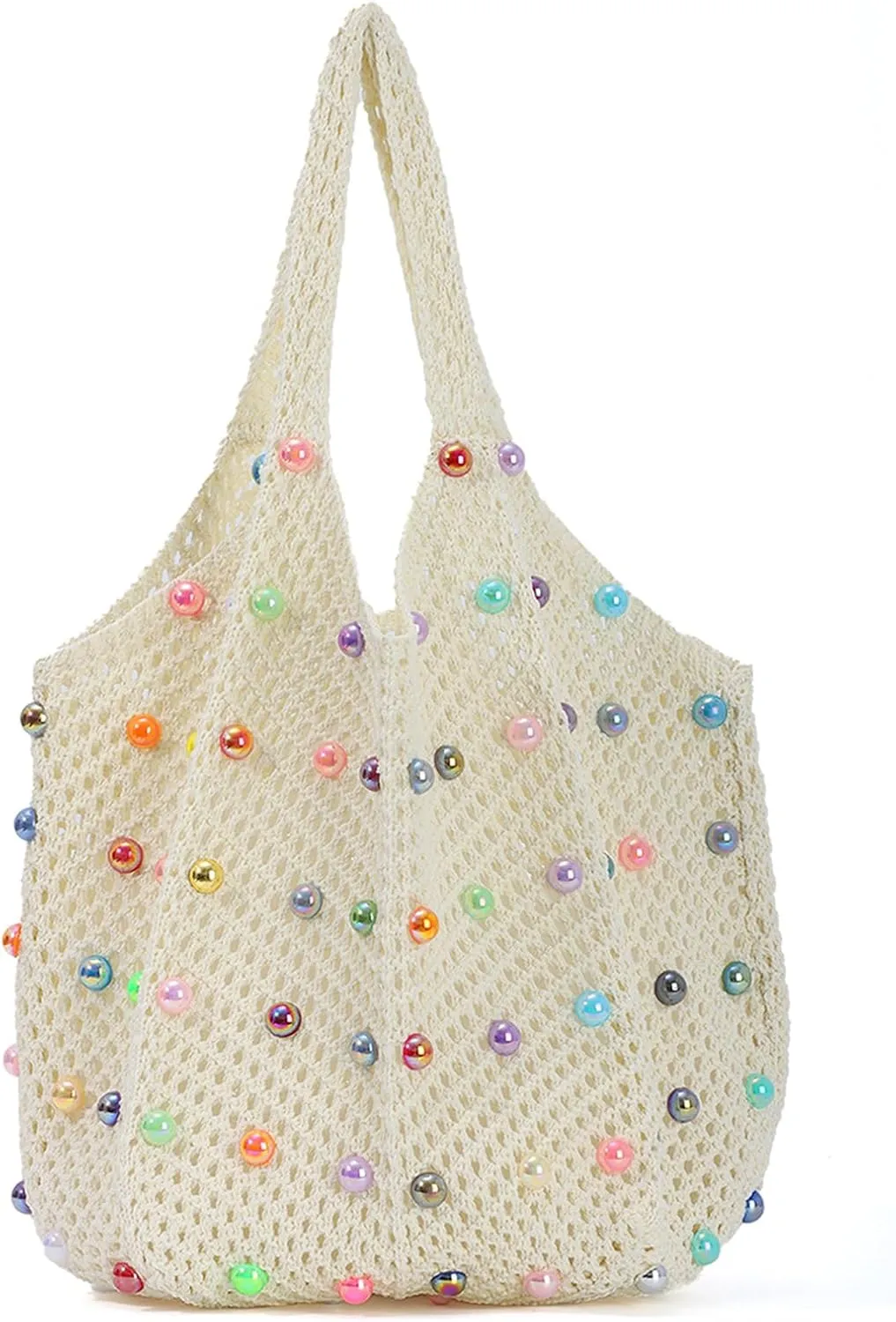 Fecialy Boho Crochet Beach Tote Bag with Colored Beads Summer Knit Shoulder Bag Woven Casual Organizer Handbag