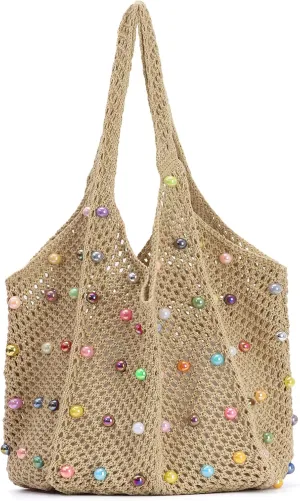 Fecialy Boho Crochet Beach Tote Bag with Colored Beads Summer Knit Shoulder Bag Woven Casual Organizer Handbag