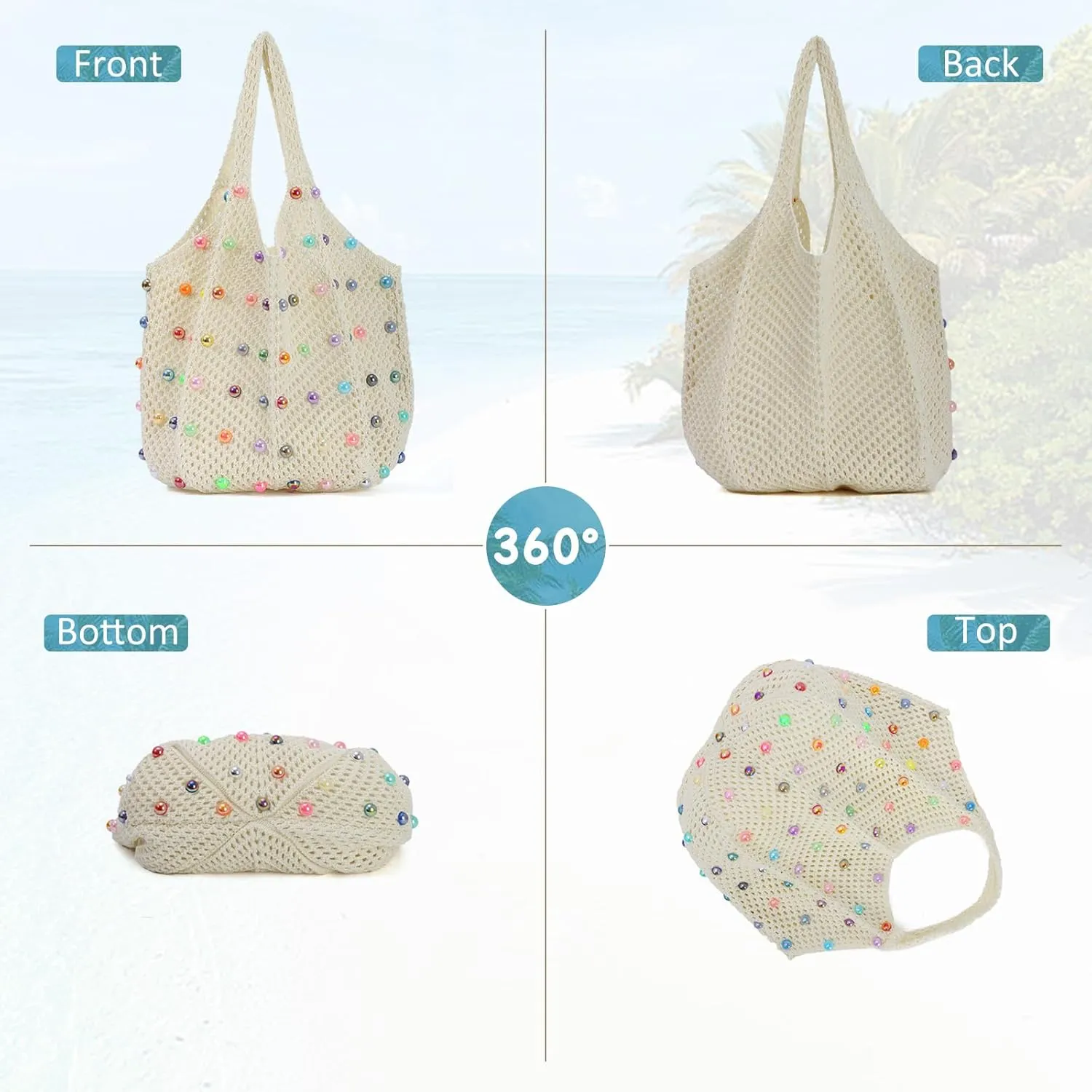 Fecialy Boho Crochet Beach Tote Bag with Colored Beads Summer Knit Shoulder Bag Woven Casual Organizer Handbag
