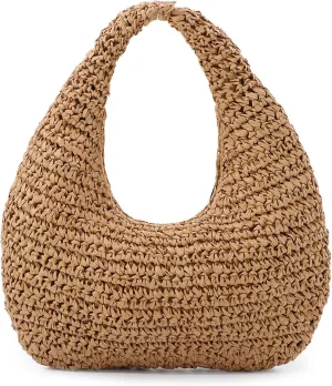 Fecialy Straw Bag for Women Crescent Shoulder Handbag Straw Summer Beach Tote Handbag Raffia Woven Hobo Bag