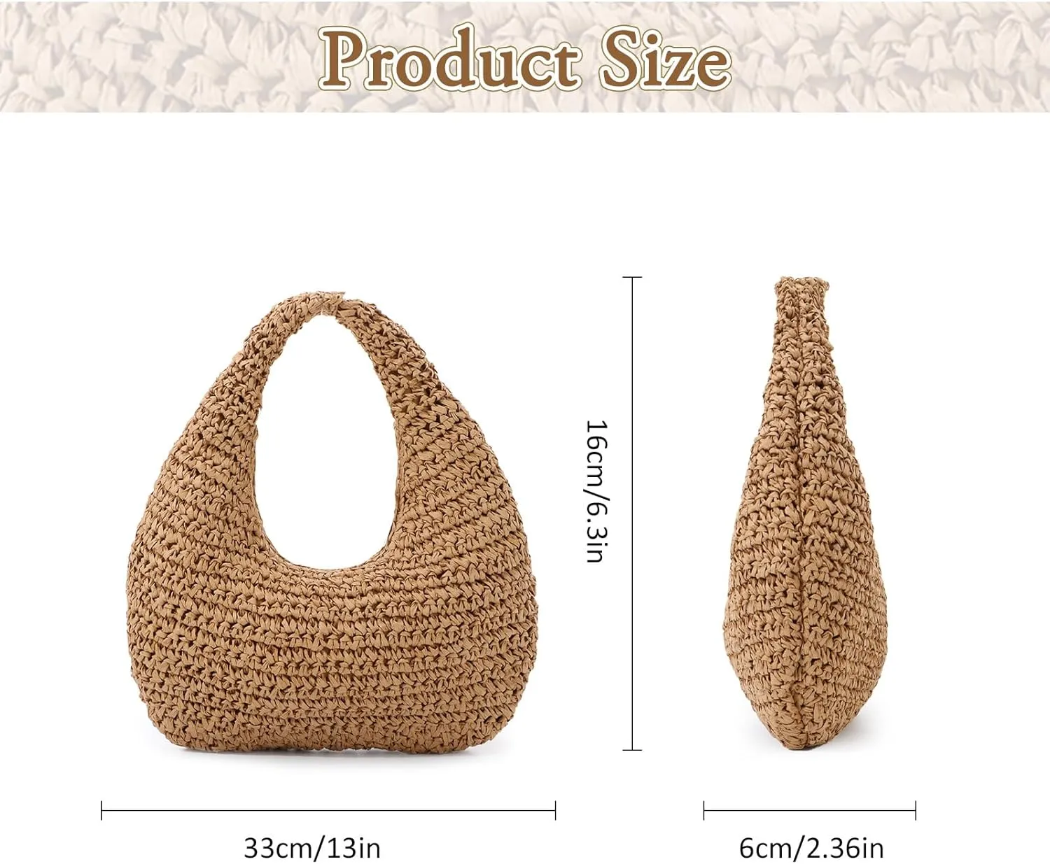 Fecialy Straw Bag for Women Crescent Shoulder Handbag Straw Summer Beach Tote Handbag Raffia Woven Hobo Bag