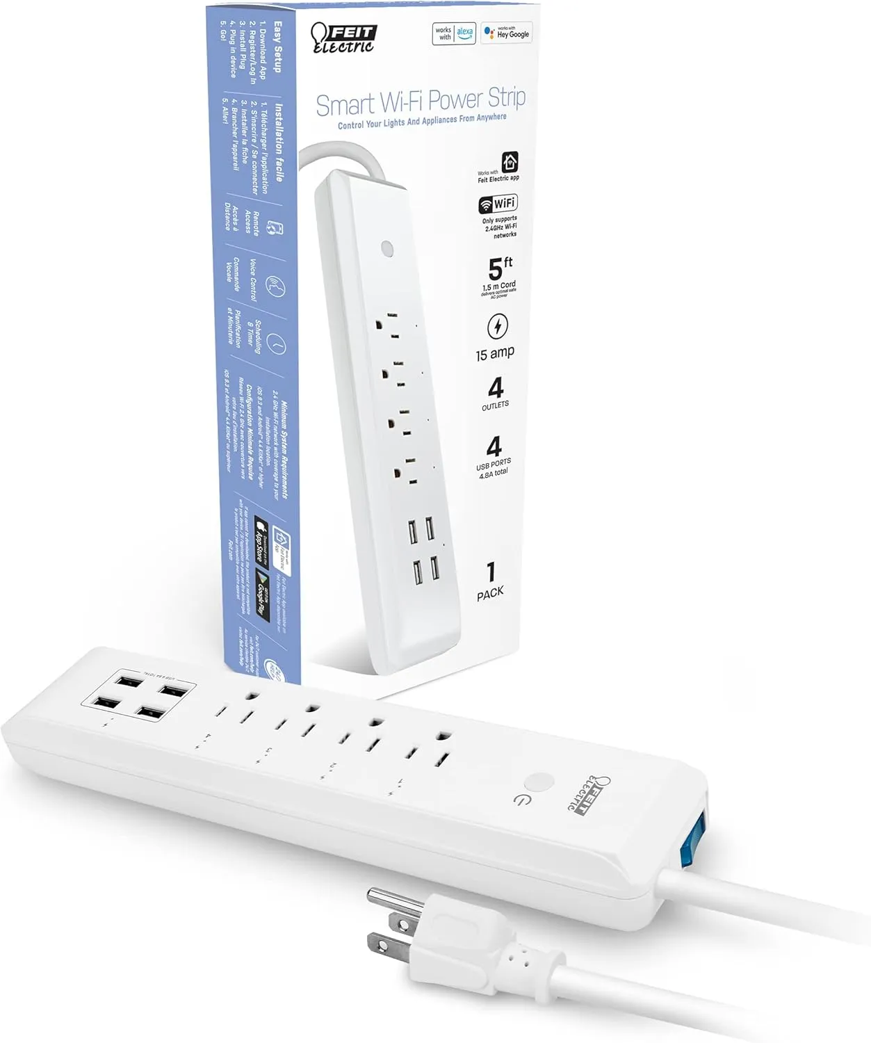 Feit Electric Smart Power Strip, Smart Plugs Work with Alexa and Google Home, No hub Required, 4 Sockets, 4 USB Ports, Remote Control from Anywhere, 15 Amp, Indoor Smart POWERSTRIP/WiFi, White