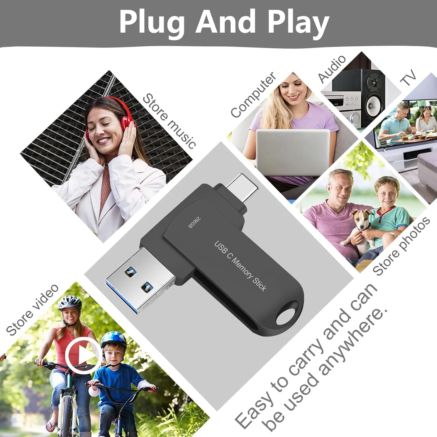 Flash Drive 256GB for Phone, HUNPINS USB C Thumb Drive 170M/S Hight-Speed, Multi Port Memory Stick Compatible Android Phone/Tablet and PC (Black)