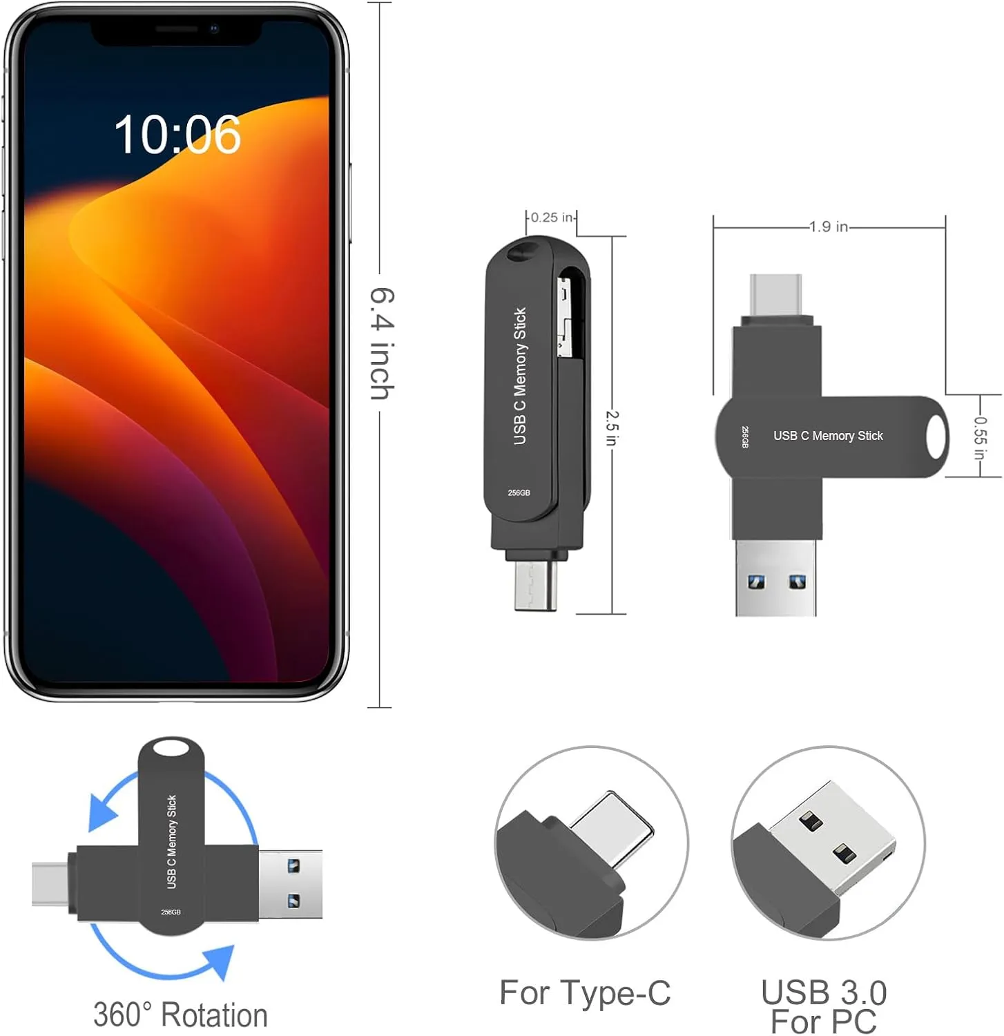 Flash Drive 256GB for Phone, HUNPINS USB C Thumb Drive 170M/S Hight-Speed, Multi Port Memory Stick Compatible Android Phone/Tablet and PC (Black)