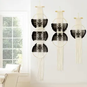 Flber Macrame Wall Hanging Combination 3 Pcs Beige and Black Handmade Woven Boho Home Chic Wall Decor Geometric Art Decor Bedroom Nursery Apartment Dorm Decoration Minimalistic Neutral Wall Decor