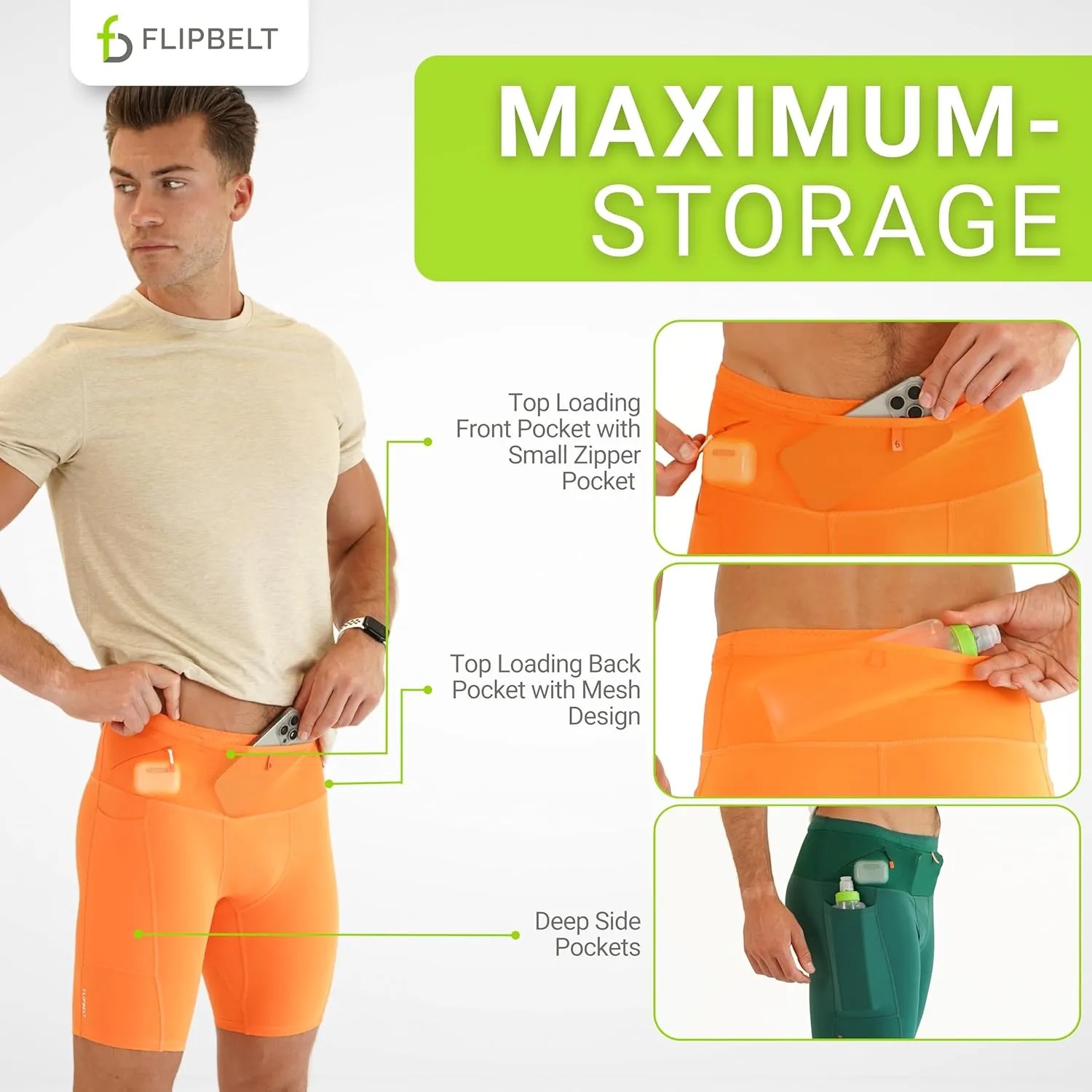 FlipBelt Men's Running Compression Shorts with Pockets - Secure Your Phone, Keys and Even Water Bottles - USA Small Business
