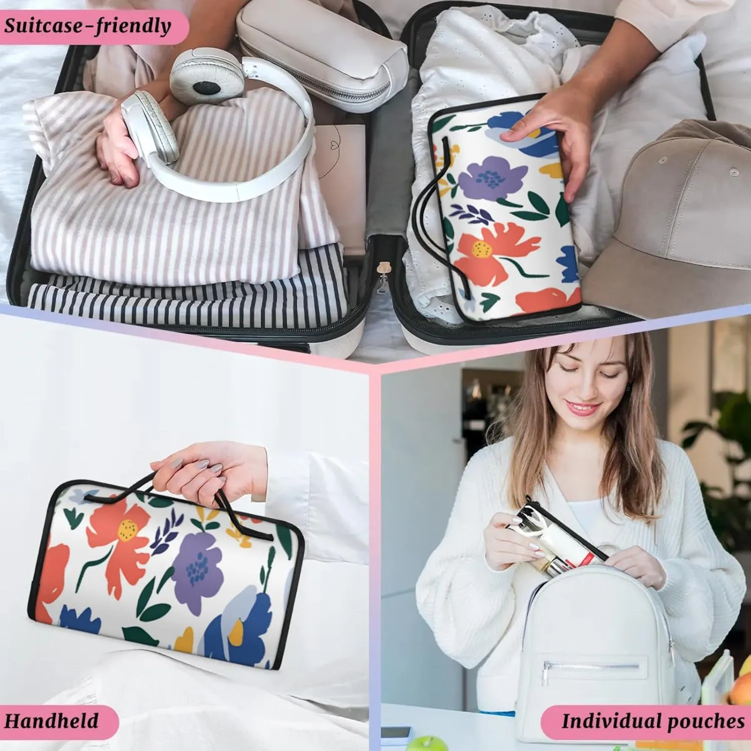 Flower Scenery Toiletry Bag Water Proof Travel Makeup Case Large Capacity 4 in 1 Foldable Cosmetics Storage for Women Men Removable Zipper Clear PVC Pockets
