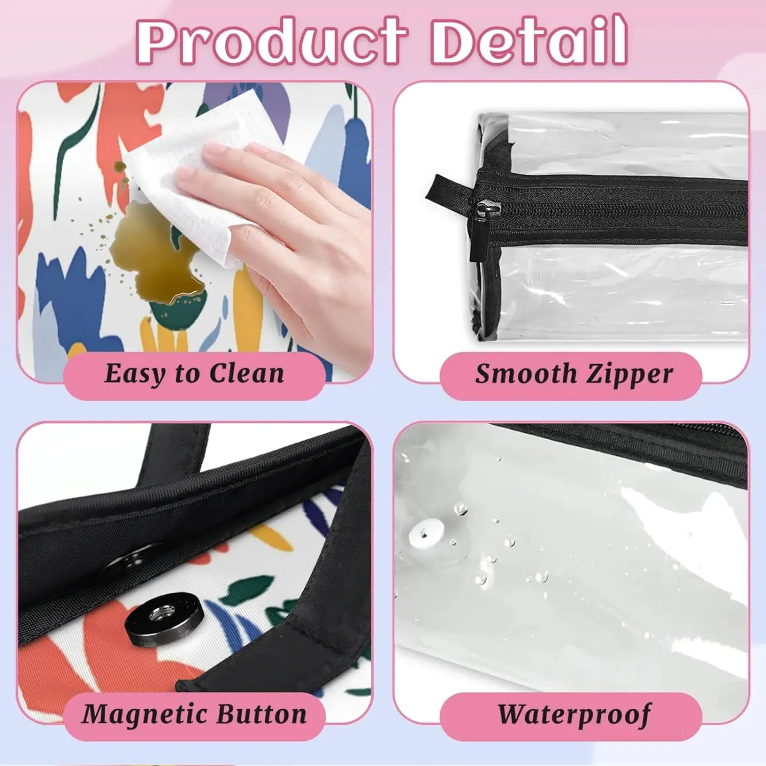 Flower Scenery Toiletry Bag Water Proof Travel Makeup Case Large Capacity 4 in 1 Foldable Cosmetics Storage for Women Men Removable Zipper Clear PVC Pockets