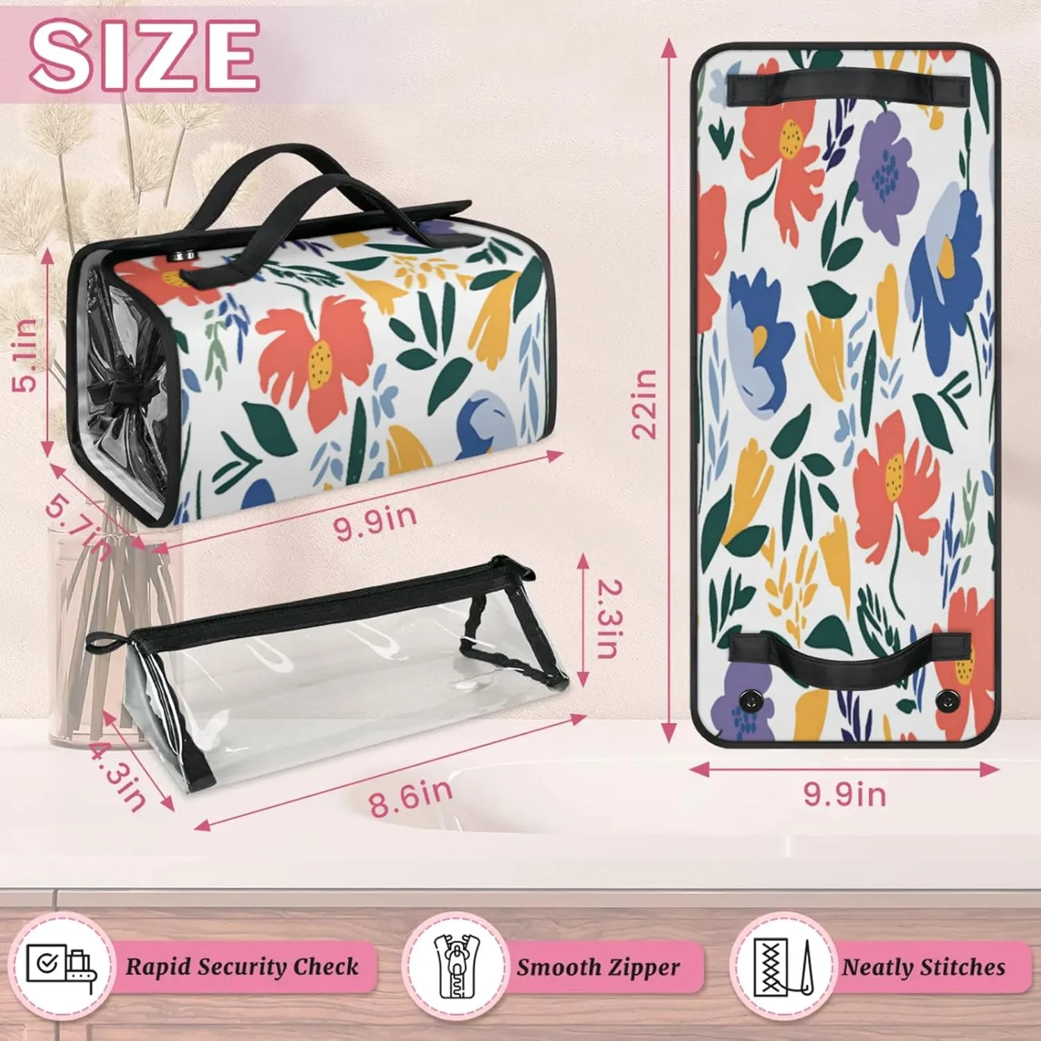 Flower Scenery Toiletry Bag Water Proof Travel Makeup Case Large Capacity 4 in 1 Foldable Cosmetics Storage for Women Men Removable Zipper Clear PVC Pockets
