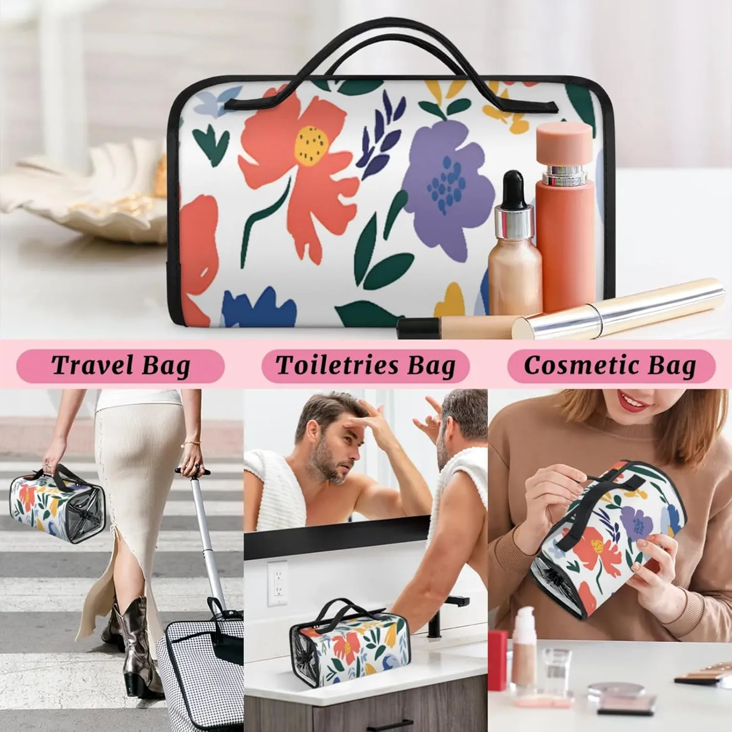 Flower Scenery Toiletry Bag Water Proof Travel Makeup Case Large Capacity 4 in 1 Foldable Cosmetics Storage for Women Men Removable Zipper Clear PVC Pockets