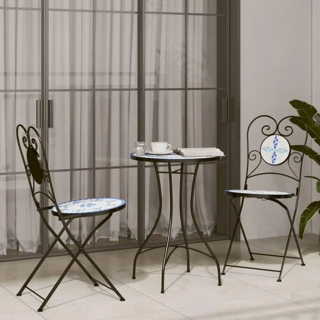 Foldable Bistro Chairs 2-Pack Ceramic Mosaic Outdoor Patio Furniture Blue and White Iron Frame Space-Saving Design for Garden Balcony