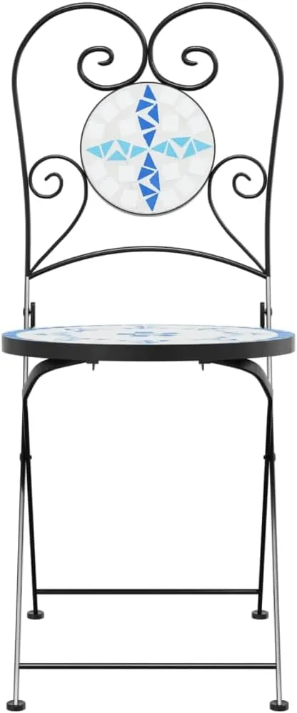 Foldable Bistro Chairs 2-Pack Ceramic Mosaic Outdoor Patio Furniture Blue and White Iron Frame Space-Saving Design for Garden Balcony