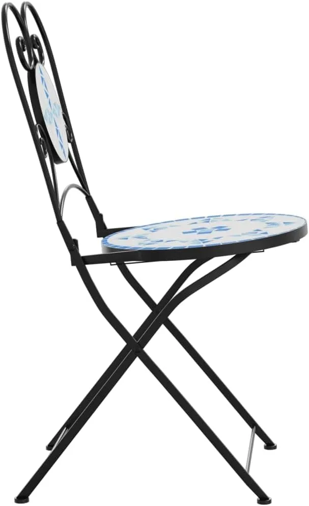 Foldable Bistro Chairs 2-Pack Ceramic Mosaic Outdoor Patio Furniture Blue and White Iron Frame Space-Saving Design for Garden Balcony