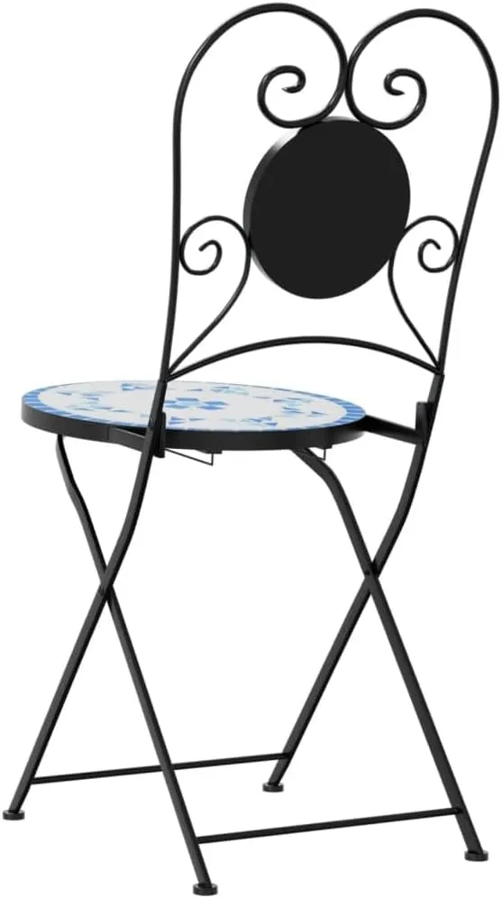 Foldable Bistro Chairs 2-Pack Ceramic Mosaic Outdoor Patio Furniture Blue and White Iron Frame Space-Saving Design for Garden Balcony