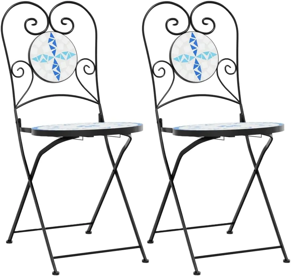 Foldable Bistro Chairs 2-Pack Ceramic Mosaic Outdoor Patio Furniture Blue and White Iron Frame Space-Saving Design for Garden Balcony