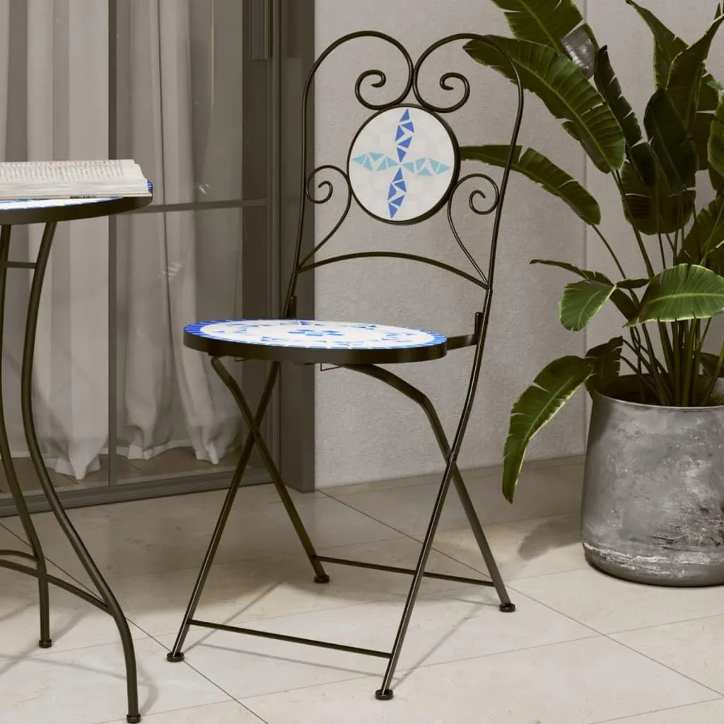 Foldable Bistro Chairs 2-Pack Ceramic Mosaic Outdoor Patio Furniture Blue and White Iron Frame Space-Saving Design for Garden Balcony