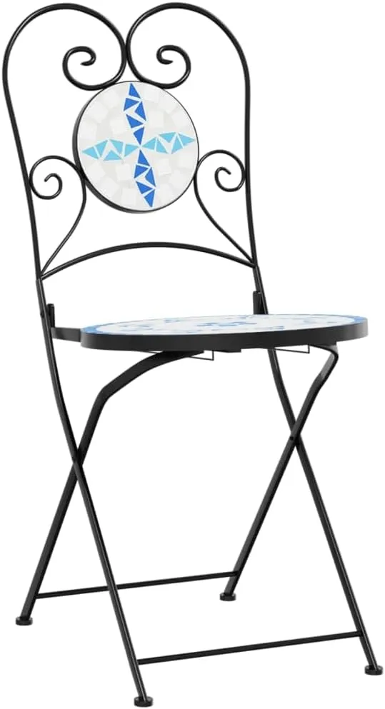 Foldable Bistro Chairs 2-Pack Ceramic Mosaic Outdoor Patio Furniture Blue and White Iron Frame Space-Saving Design for Garden Balcony