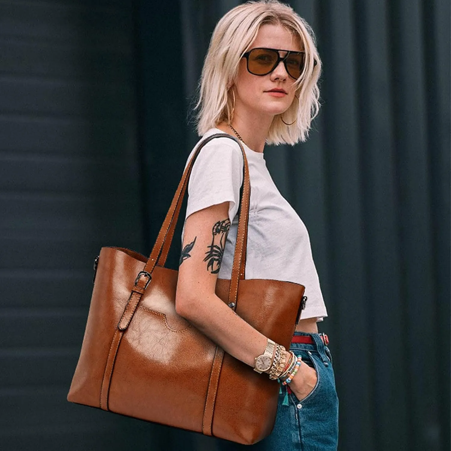 FzVYD Mini Bag Purse for Women,Women's Fashion Handbags Tote Bags Shoulder Bag Top Handle Satchel Purse Set 4pcs Wallet Bag PU Leather Large Bag 2024 Grey