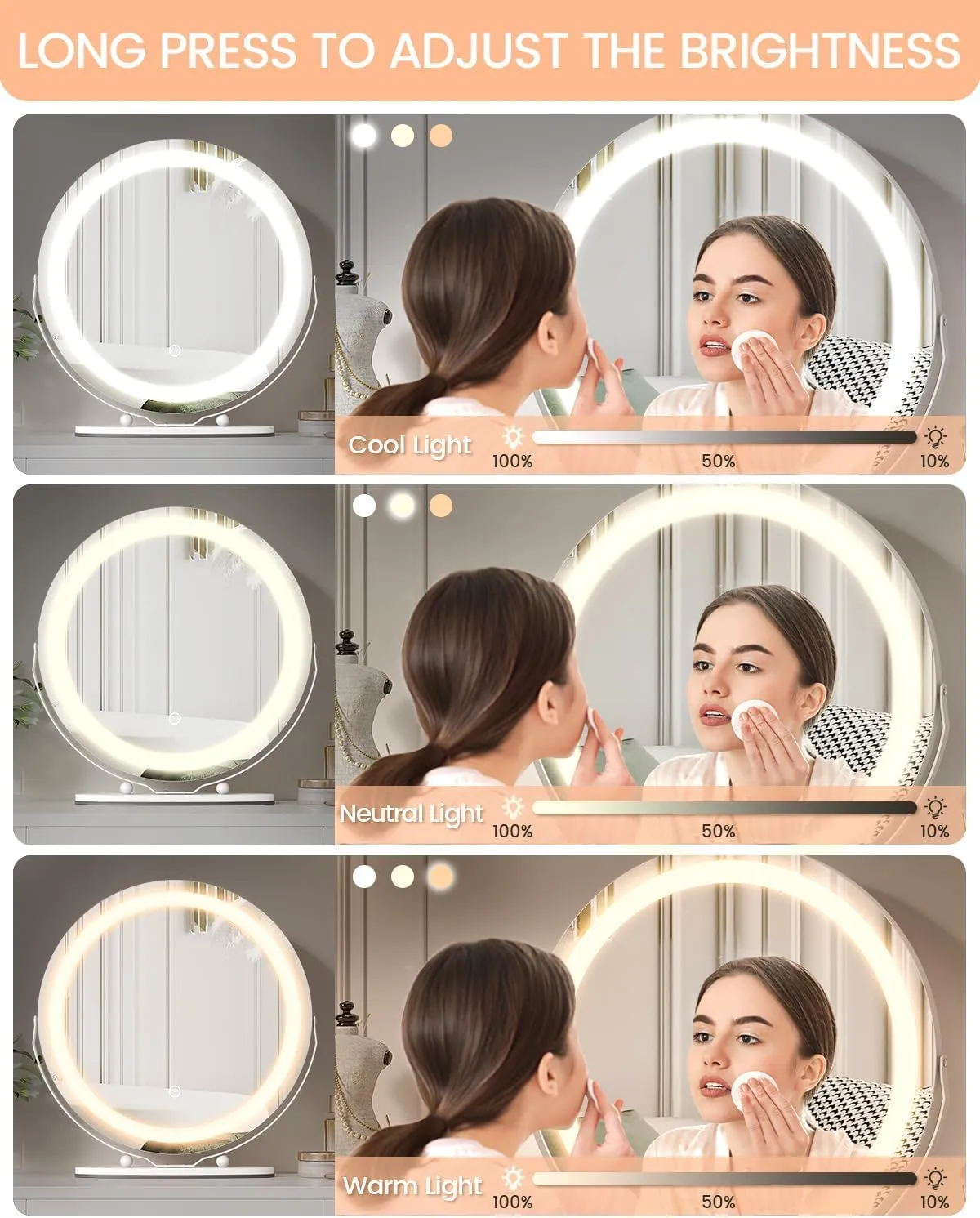 GAOMON Vanity Mirror with Led Lights, 19 Inches Touch Control 3 Color 2024 New Dimmable Makeup Mirror, 360°Rotation Round Desk Mirror, Easy to Assemble (White)