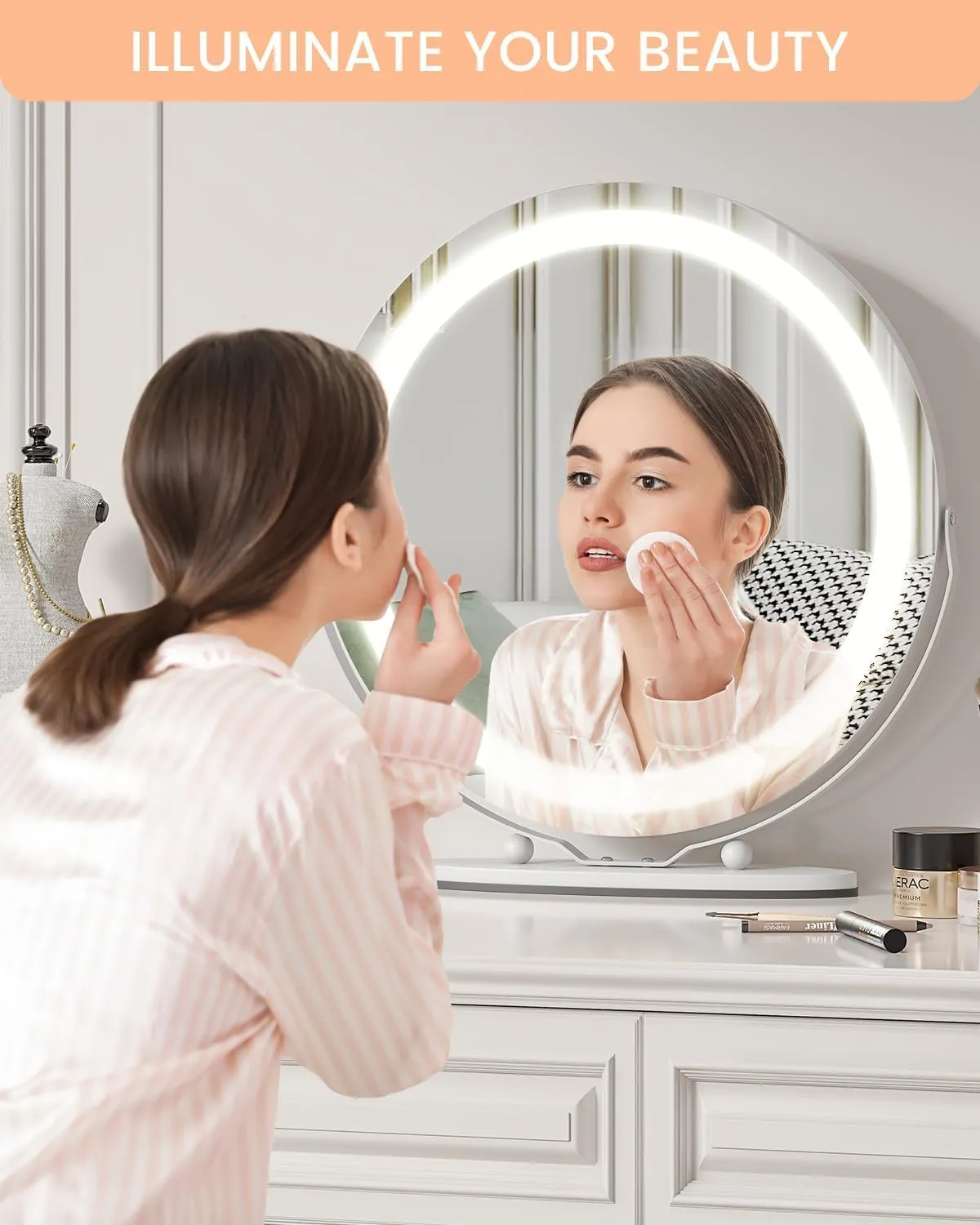 GAOMON Vanity Mirror with Led Lights, 19 Inches Touch Control 3 Color 2024 New Dimmable Makeup Mirror, 360°Rotation Round Desk Mirror, Easy to Assemble (White)