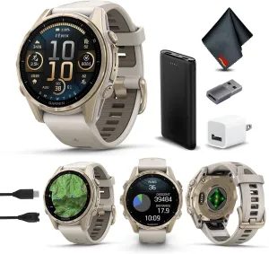 Garmin Fenix 8 43MM AMOLED Sapphire Premium Multisport GPS Smartwatch Soft Gold with Fog Gray/Sandstone Silicone Band, Built-in LED Flashlight, Health & Fitness Smart Watch Bundle for Men & Women