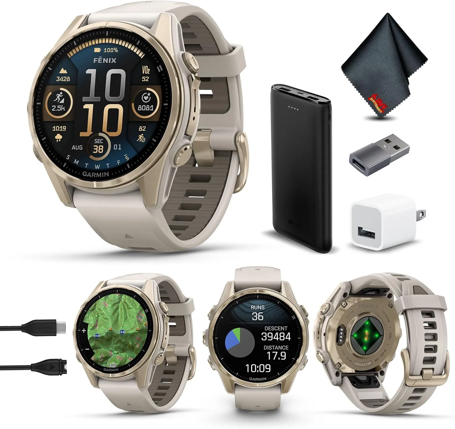 Garmin Fenix 8 43MM AMOLED Sapphire Premium Multisport GPS Smartwatch Soft Gold with Fog Gray/Sandstone Silicone Band, Built-in LED Flashlight, Health & Fitness Smart Watch Bundle for Men & Women