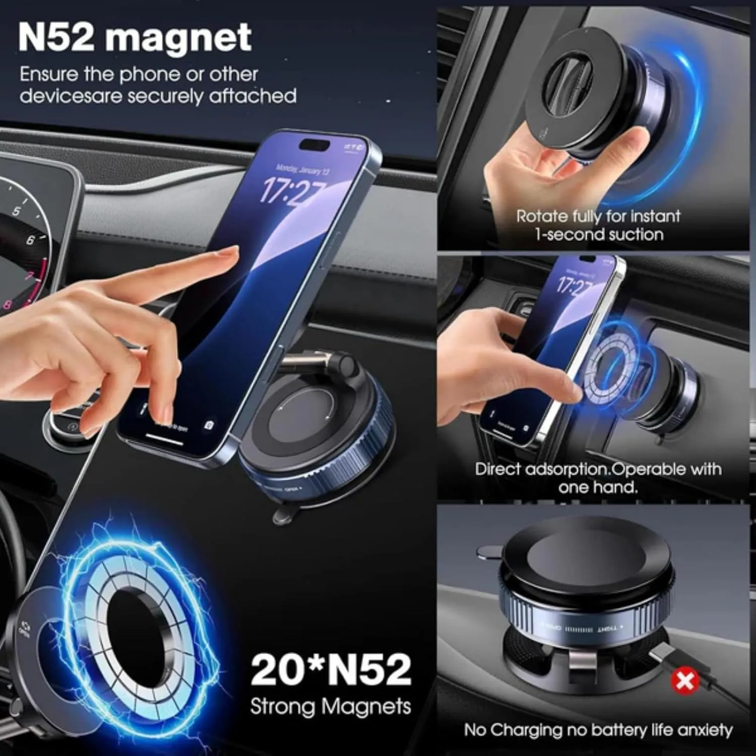 GDSAFS Shopellox Phone Mount, 360° Foldable Magnetic Phone Mount, Universal Vacuum Adjustable Magnetic Phone Holder for Car, Table, Mirror (Mix*2)