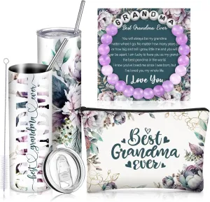 Geiserailie Birthday Gifts Set for Grandma, Christmas Best Grandma Ever Gift Basket from Granddaughter Grandson Grand Kids, Tumbler Bracelet Makeup Bag Set(Light Purple)