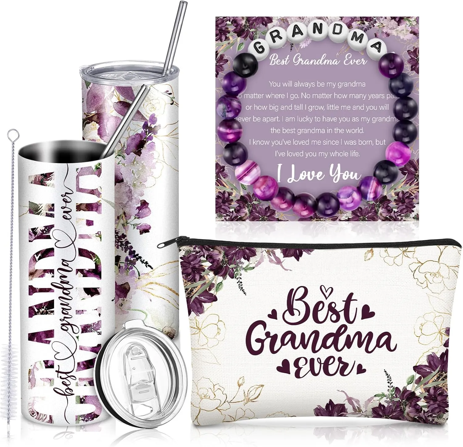 Geiserailie Birthday Gifts Set for Grandma, Christmas Best Grandma Ever Gift Basket from Granddaughter Grandson Grand Kids, Tumbler Bracelet Makeup Bag Set(Purple)