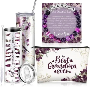 Geiserailie Birthday Gifts Set for Grandma, Christmas Best Grandma Ever Gift Basket from Granddaughter Grandson Grand Kids, Tumbler Bracelet Makeup Bag Set(Purple)