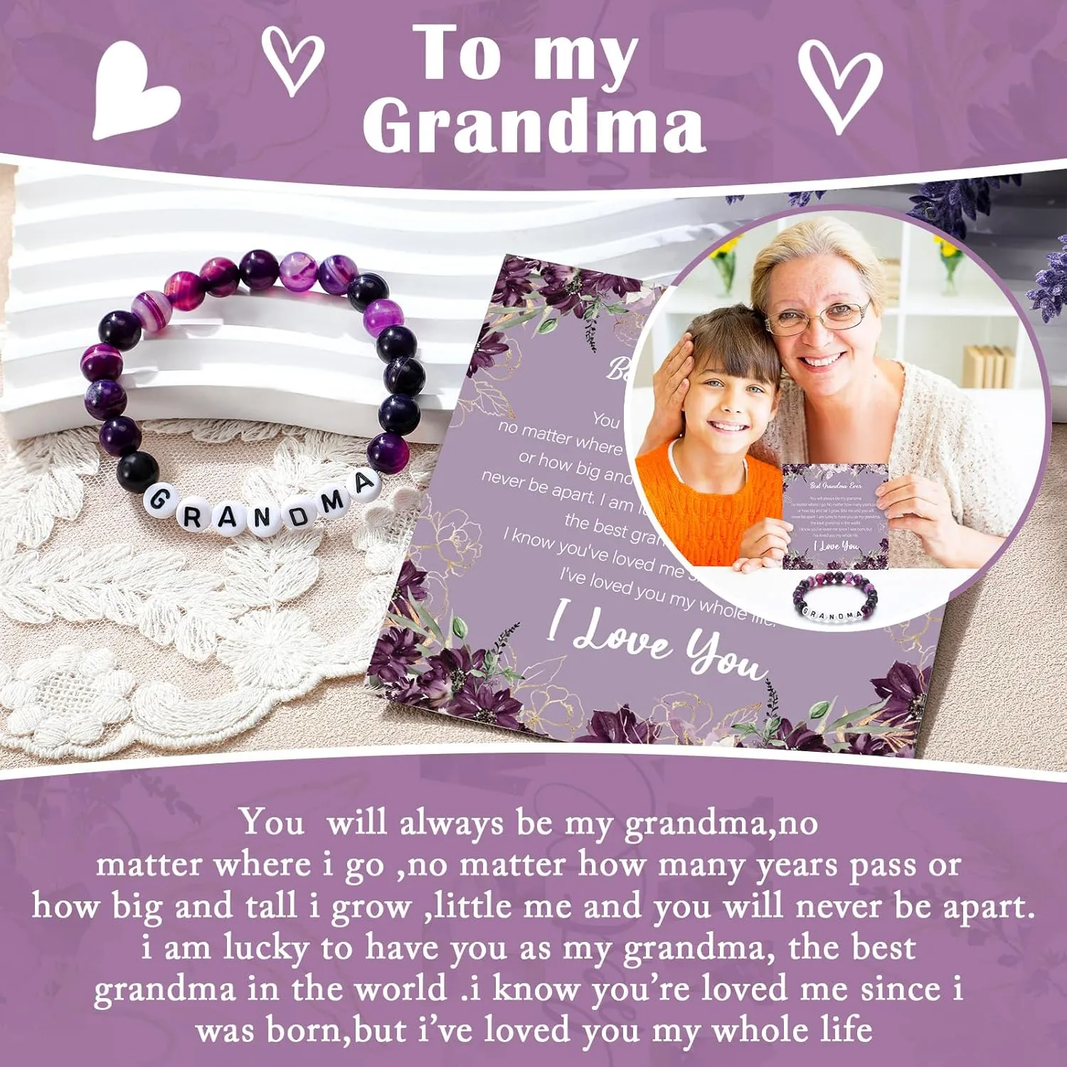 Geiserailie Birthday Gifts Set for Grandma, Christmas Best Grandma Ever Gift Basket from Granddaughter Grandson Grand Kids, Tumbler Bracelet Makeup Bag Set(Purple)