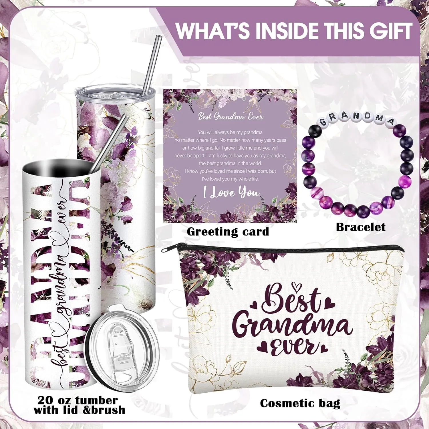 Geiserailie Birthday Gifts Set for Grandma, Christmas Best Grandma Ever Gift Basket from Granddaughter Grandson Grand Kids, Tumbler Bracelet Makeup Bag Set(Purple)