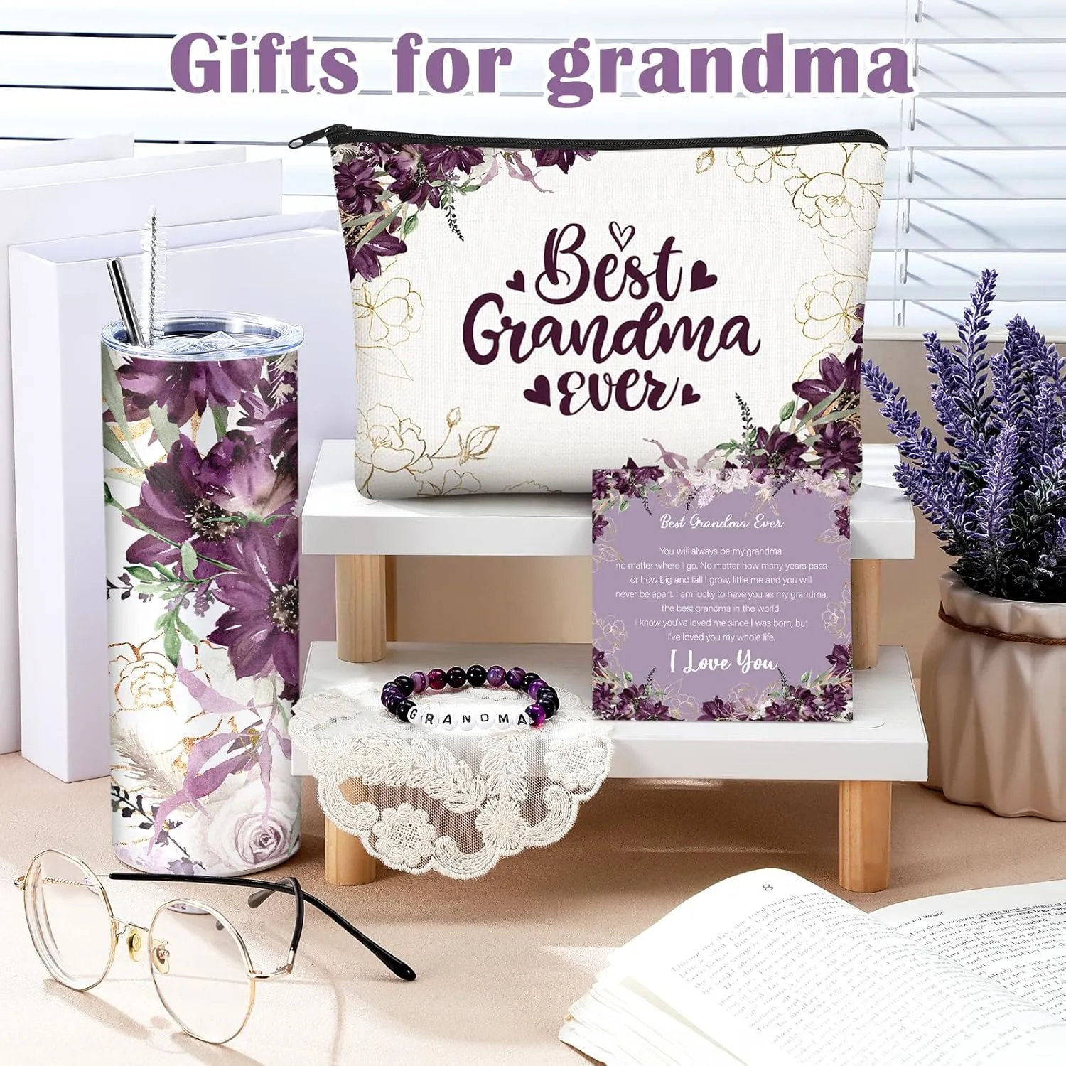 Geiserailie Birthday Gifts Set for Grandma, Christmas Best Grandma Ever Gift Basket from Granddaughter Grandson Grand Kids, Tumbler Bracelet Makeup Bag Set(Purple)