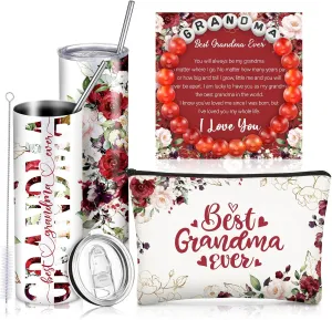Geiserailie Birthday Gifts Set for Grandma, Christmas Best Grandma Ever Gift Basket from Granddaughter Grandson Grand Kids, Tumbler Bracelet Makeup Bag Set(Red)