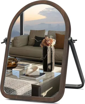 Geloo Vintage Table Desk Mirror-Brown Wood Framed Standing Mirror 360 Degree Adjustable Swivel for Tabletop, Countertop, Bedroom,Bathroom,Living Room 11.8'' x 7.8'', Arched