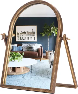 Geloo Vintage Vanity Mirrors Decor- Desk Makeup Mirror 360° Adjustable Rotation,Golden Metal Framed Small Standing Mirror for Tabletop,Office,Bedroom,Living Room 11.8'' x 7.8''