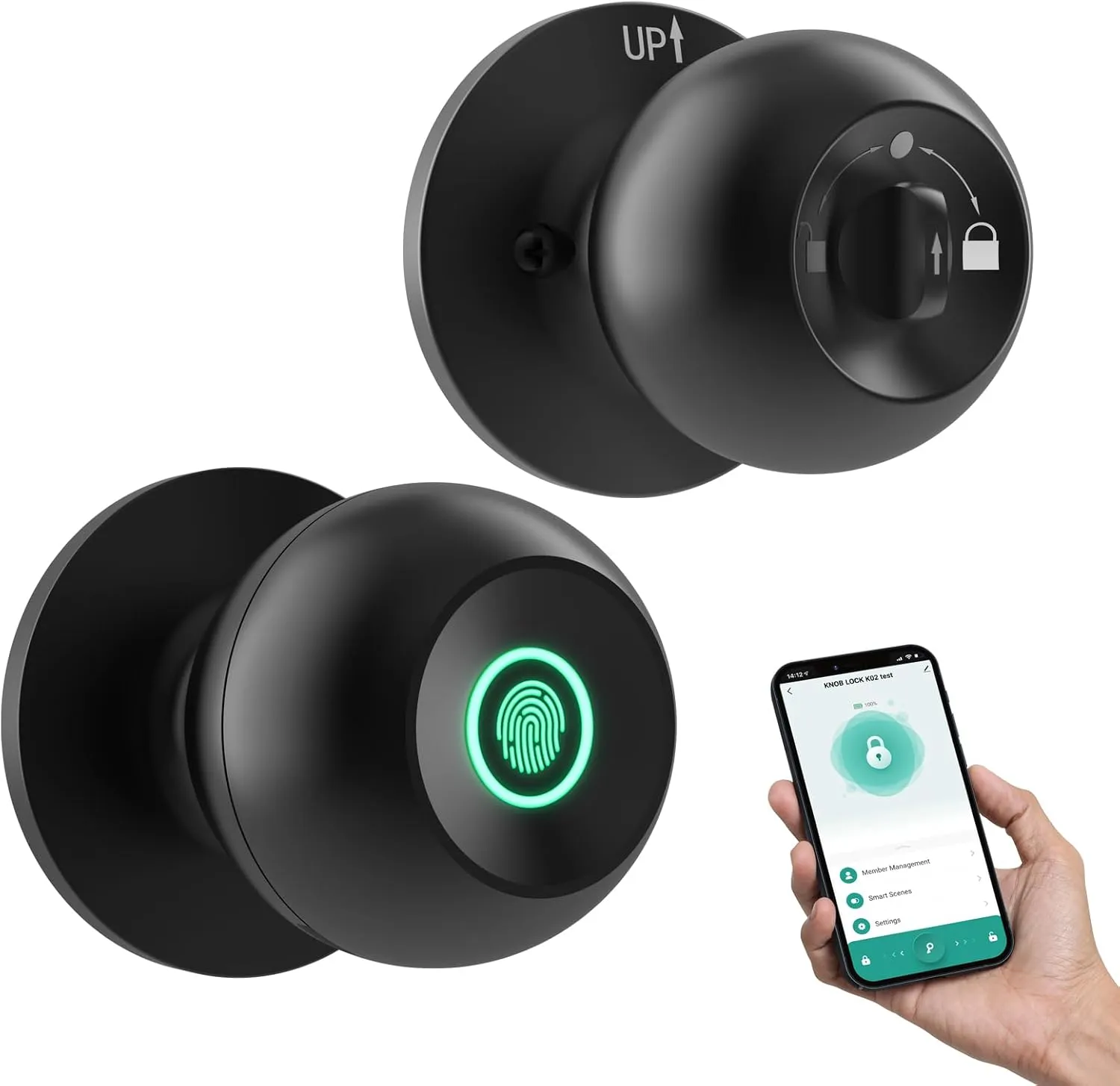 GHome Smart Door Knob Fingerprint Door Lock with Keypad, Biometric Smart Lock - App Control, Interior Door Knob with Key Great for Bedroom, Apartments, Offices and Hotels (K10-01)