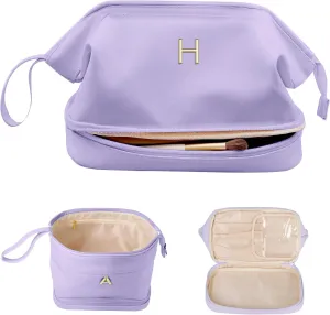 Gifts for Girls, Initial Large Makeup Bag, Personalized Double Layer Cosmetic Bag with Makeup Brush Organizer, PU Leather Travel Toiletry Bag Gift For Daughter, Preppy Things For Girls