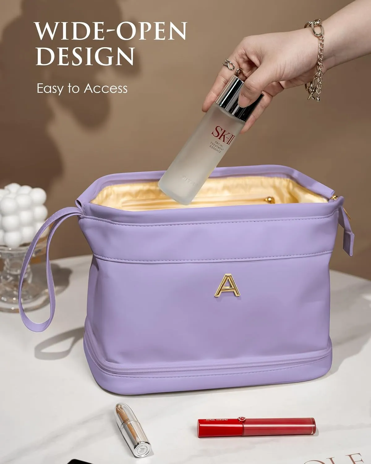 Gifts for Girls, Initial Large Makeup Bag, Personalized Double Layer Cosmetic Bag with Makeup Brush Organizer, PU Leather Travel Toiletry Bag Gift For Daughter, Preppy Things For Girls