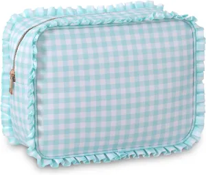 Gingham Ruffle Makeup Bag,Large Travel Cute Cosmetic Bag for Women Girls,Toiletry Bag Make up Organizer (Mint)