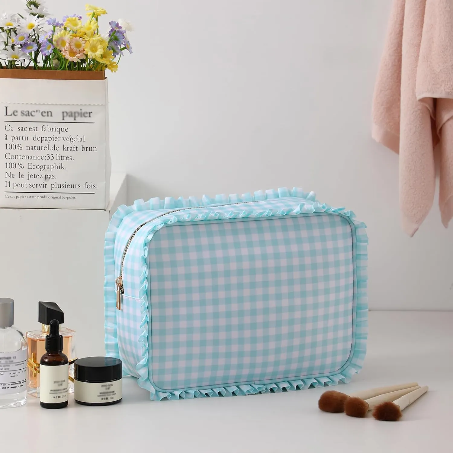 Gingham Ruffle Makeup Bag,Large Travel Cute Cosmetic Bag for Women Girls,Toiletry Bag Make up Organizer (Mint)