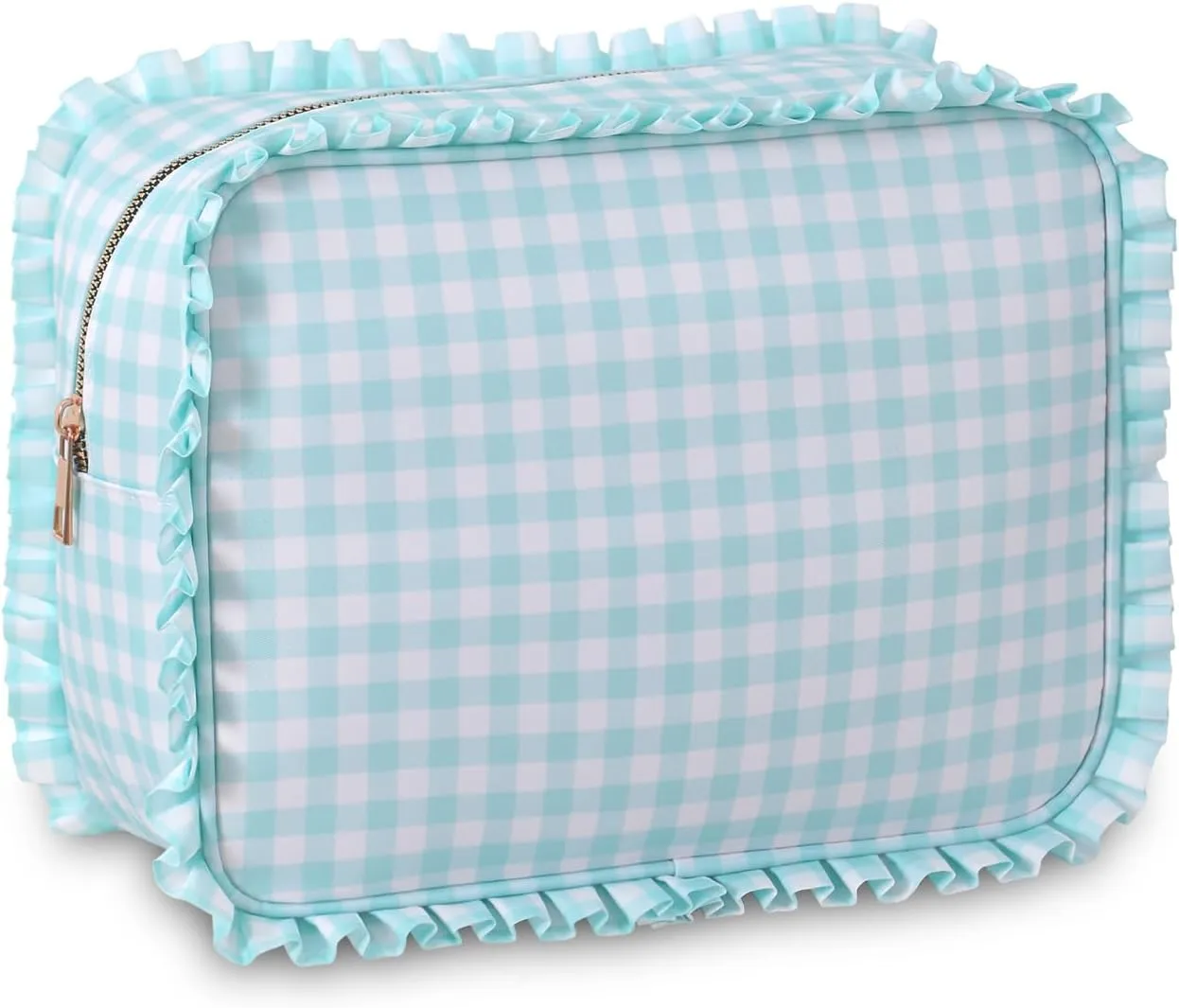 Gingham Ruffle Makeup Bag,Large Travel Cute Cosmetic Bag for Women Girls,Toiletry Bag Make up Organizer (Mint)