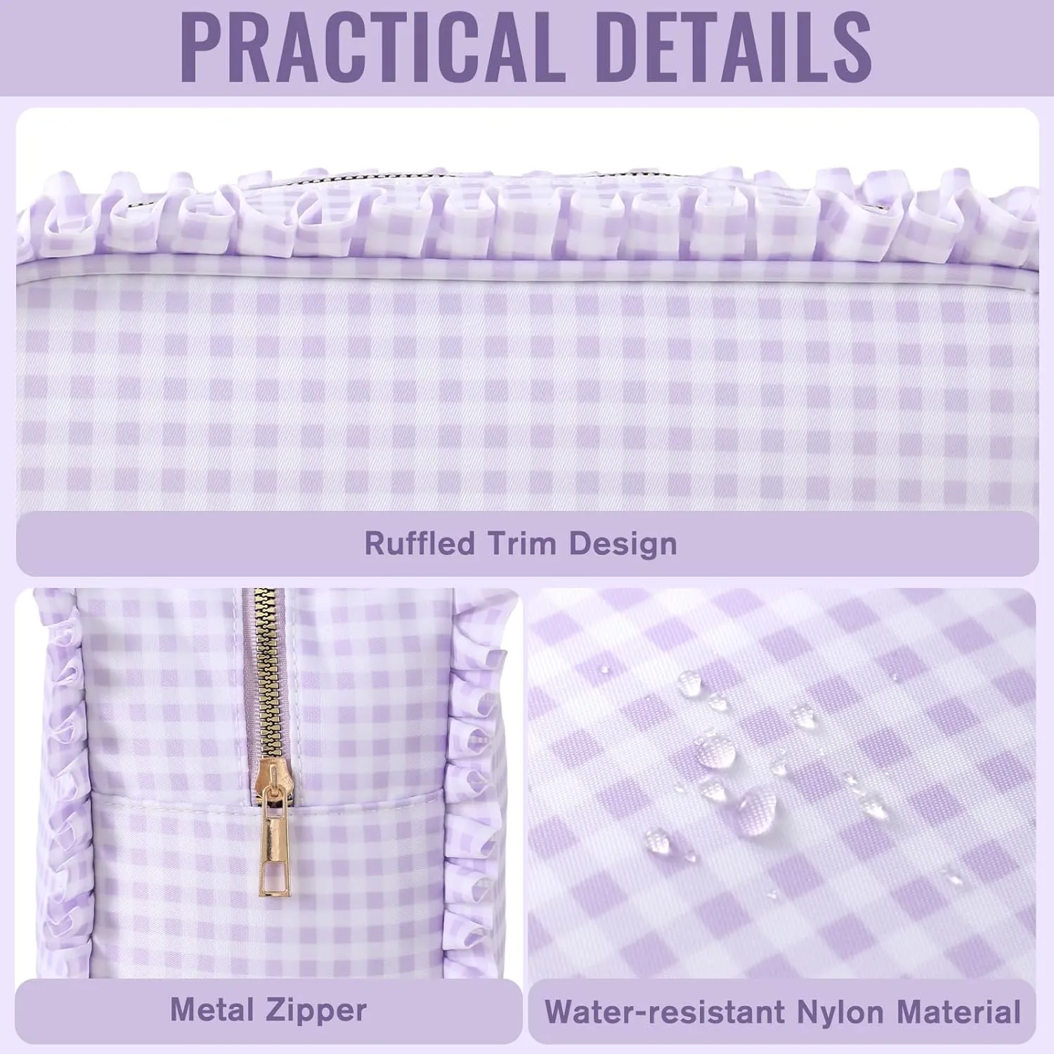 Gingham Ruffle Makeup Bag,Large Travel Cute Cosmetic Bag for Women Girls,Toiletry Bag Make up Organizer (Purple)