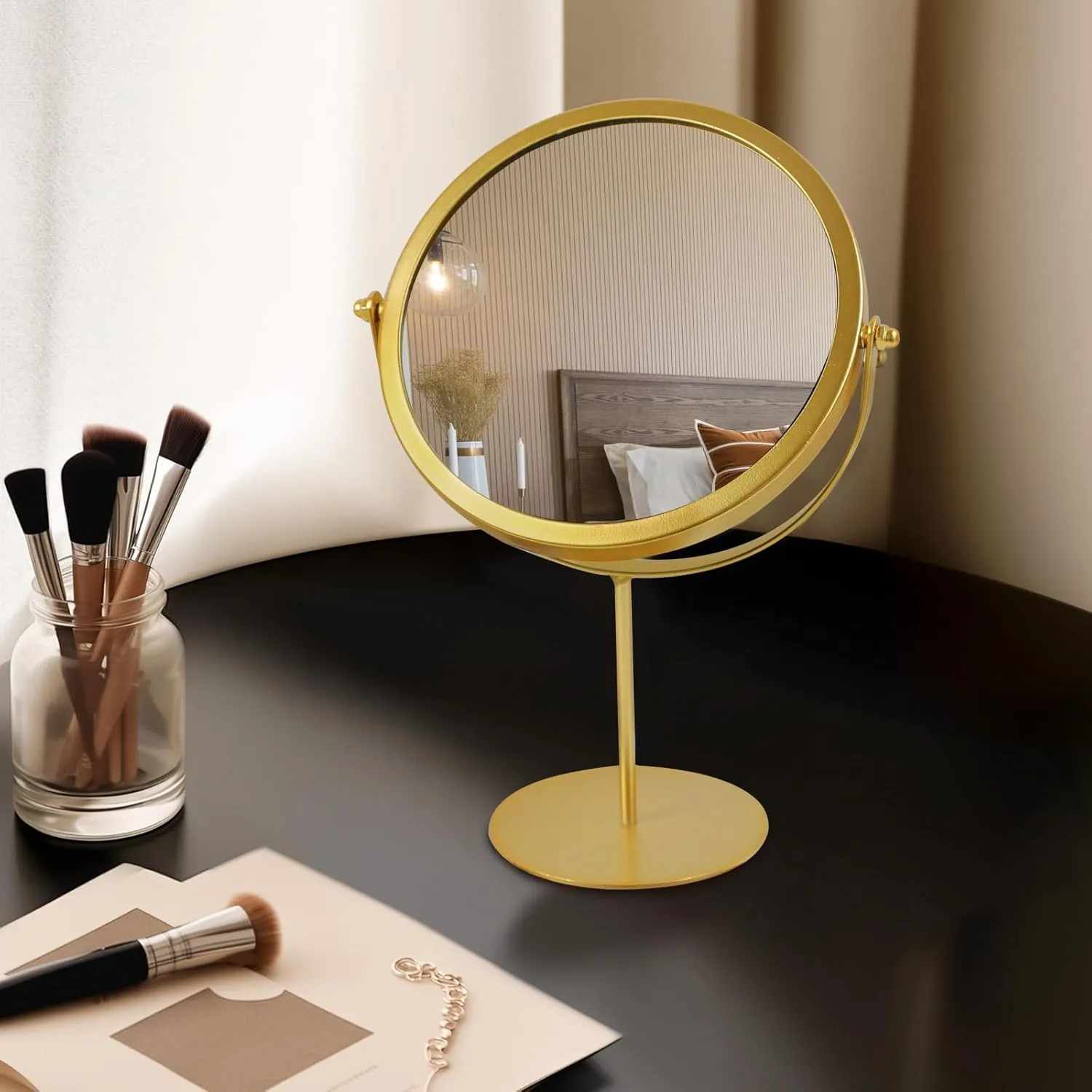 Gold Vanity Desk Table Round Makeup Mirror, 360 Degree Adjustable Rotation Metal Framed Standing Mirrors, Home Decoration for Living Room, Bedroom, Tabletop, Bathroom, 6.3 Inches