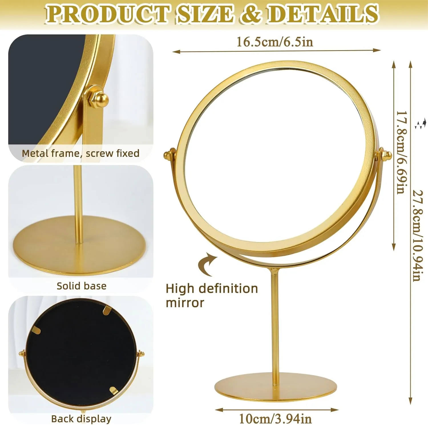 Gold Vanity Desk Table Round Makeup Mirror, 360 Degree Adjustable Rotation Metal Framed Standing Mirrors, Home Decoration for Living Room, Bedroom, Tabletop, Bathroom, 6.3 Inches